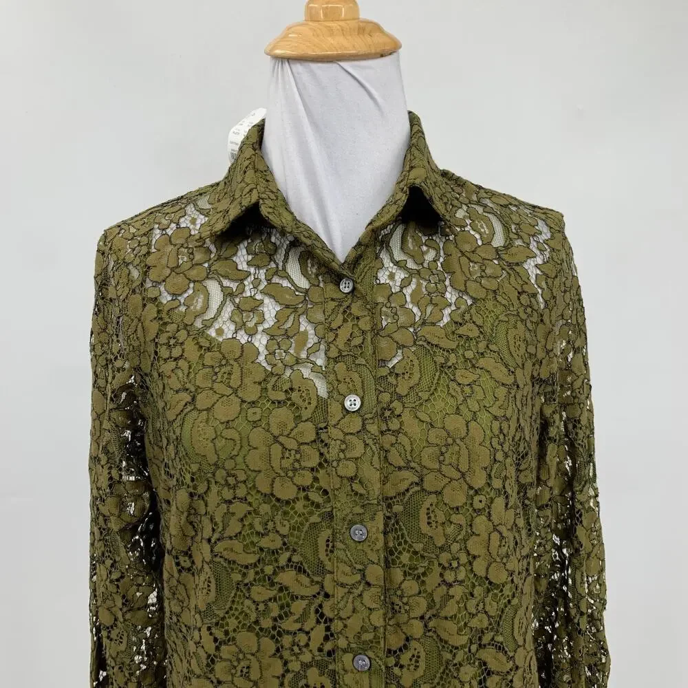 J Crew Top Women 2 Moss Two Piece Classic Fit Button Up Lace Overlay Long Sleeve